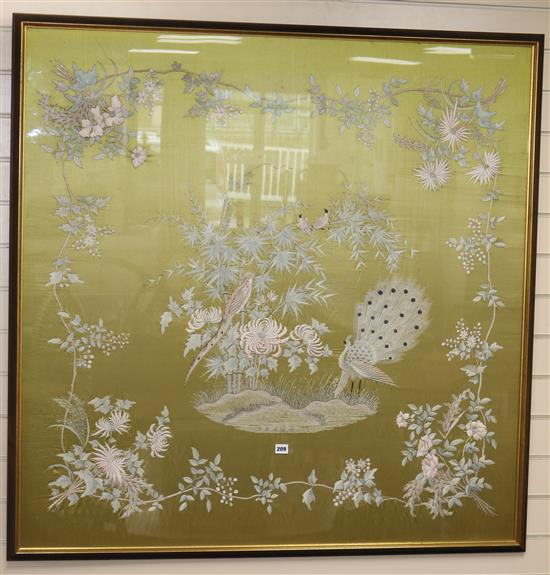 A large Chinese embroidered silk bird panel, circa 1900 approx. 120cm sq. excl. frame